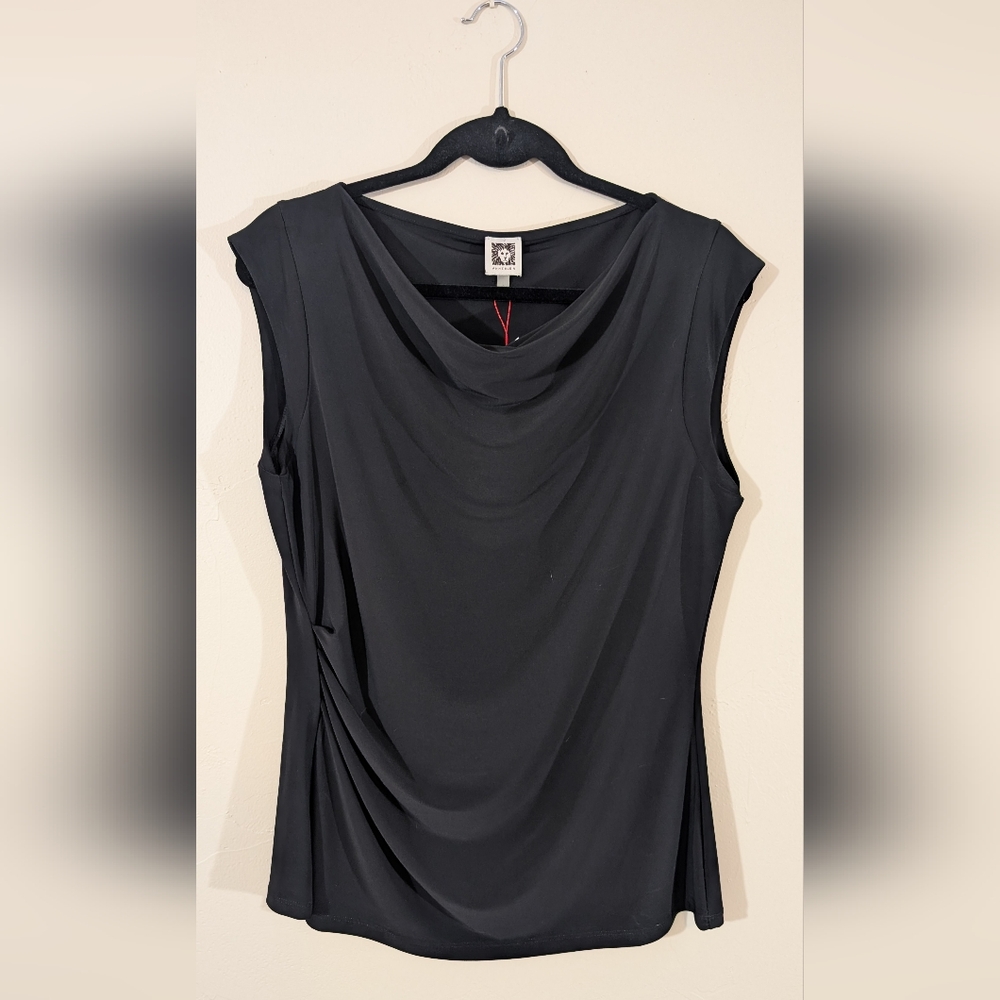 Anne Klein Black Cowl Neck Ruched Sleeveless Top NWT Women's Large